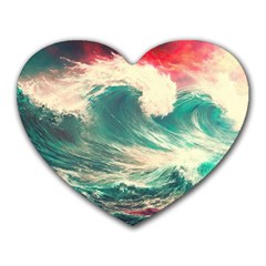 Storm Tsunami Waves Ocean Sea Nautical Nature Painting Heart Mousepad by uniart180623