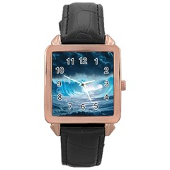 Thunderstorm Storm Tsunami Waves Ocean Sea Rose Gold Leather Watch  by uniart180623