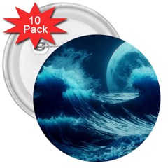 Moonlight High Tide Storm Tsunami Waves Ocean Sea 3  Buttons (10 Pack)  by uniart180623