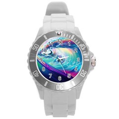 Waves Ocean Sea Tsunami Nautical Nature Water Round Plastic Sport Watch (L)