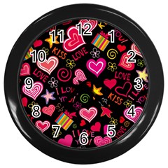 Multicolored Love Hearts Kiss Romantic Pattern Wall Clock (black) by uniart180623