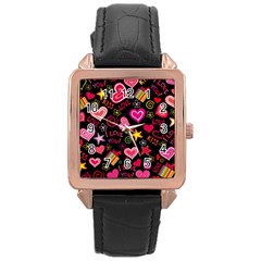 Multicolored Love Hearts Kiss Romantic Pattern Rose Gold Leather Watch  by uniart180623