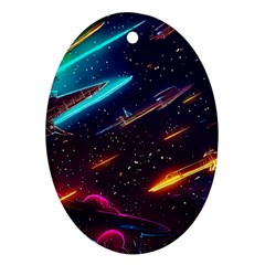 Night Sky Neon Spaceship Drawing Ornament (oval)