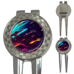 Night Sky Neon Spaceship Drawing 3-in-1 Golf Divots