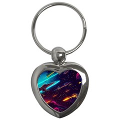 Night Sky Neon Spaceship Drawing Key Chain (heart)