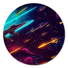 Night Sky Neon Spaceship Drawing Magnet 5  (round)