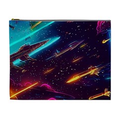 Night Sky Neon Spaceship Drawing Cosmetic Bag (xl)