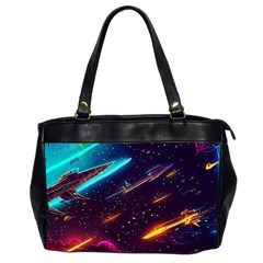 Night Sky Neon Spaceship Drawing Oversize Office Handbag (2 Sides) by Ravend