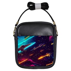 Night Sky Neon Spaceship Drawing Girls Sling Bag