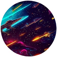 Night Sky Neon Spaceship Drawing Wooden Puzzle Round