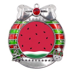 Minimalist Summer Watermelon Wallpaper Metal X mas Ribbon With Red Crystal Round Ornament by Ravend