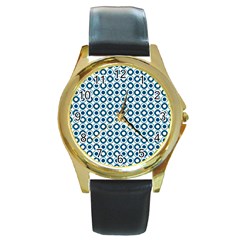 Mazipoodles Dusty Duck Egg Blue White Donuts Polka Dot Round Gold Metal Watch by Mazipoodles