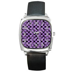 Bitesize Flowers Pearls And Donuts Lilac Black Square Metal Watch