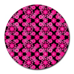 Bitesize Flowers Pearls And Donuts Fuchsia Black Round Mousepad by Mazipoodles