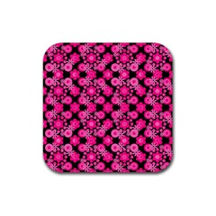 Bitesize Flowers Pearls And Donuts Fuchsia Black Rubber Coaster (Square)