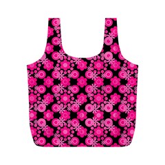 Bitesize Flowers Pearls And Donuts Fuchsia Black Full Print Recycle Bag (M)