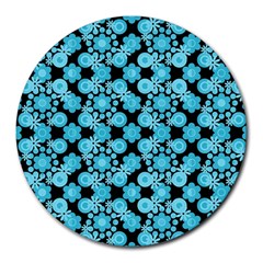 Bitesize Flowers Pearls And Donuts Blue Teal Black Round Mousepad by Mazipoodles