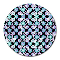 Bitesize Flowers Pearls And Donuts Turquoise Lilac Black Round Mousepad