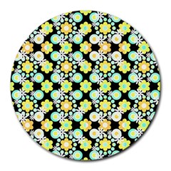 Bitesize Flowers Pearls And Donuts Yellow Spearmint Orange Black White Round Mousepad by Mazipoodles