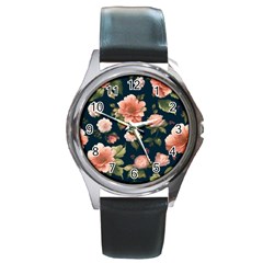Wallpaper-with-floral-pattern-green-leaf Round Metal Watch by designsbymallika