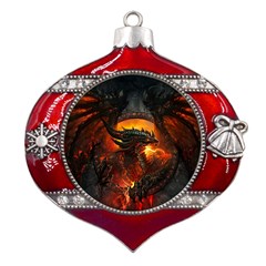 Dragon Art Fire Digital Fantasy Metal Snowflake And Bell Red Ornament