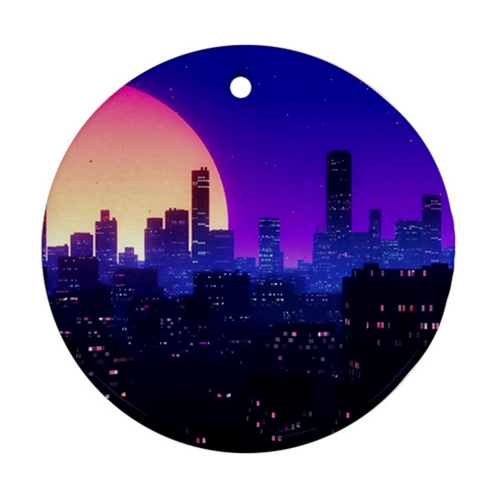 The Sun Night Music The City Background 80s, 80 s Synth Ornament (Round)