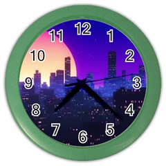 The Sun Night Music The City Background 80s, 80 s Synth Color Wall Clock by uniart180623