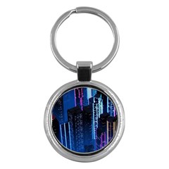 Night Music The City Neon Background Synth Retrowave Key Chain (round) by uniart180623