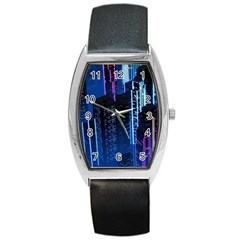 Night Music The City Neon Background Synth Retrowave Barrel Style Metal Watch by uniart180623