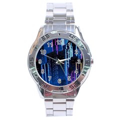 Night Music The City Neon Background Synth Retrowave Stainless Steel Analogue Watch by uniart180623