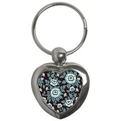 Vintage Floral Pattern Blue Damask Pattern Blue Vintage Key Chain (Heart)