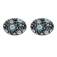 Vintage Floral Pattern Blue Damask Pattern Blue Vintage Cufflinks (Oval)