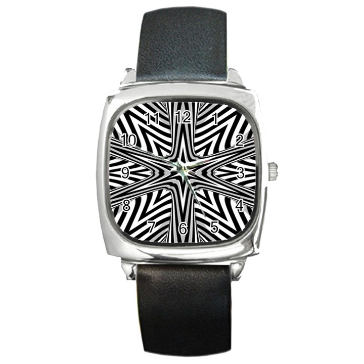 Fractal Star Mandala Black And White Square Metal Watch