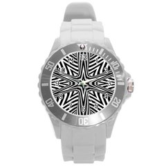 Fractal Star Mandala Black And White Round Plastic Sport Watch (l) by uniart180623
