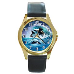 Orca Wave Water Underwater Sky Round Gold Metal Watch by uniart180623