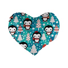 Blue Penguin Pattern Christmas Standard 16  Premium Flano Heart Shape Cushions by uniart180623