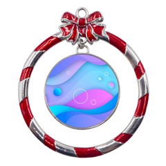 Colorful Blue Purple Wave Metal Red Ribbon Round Ornament by uniart180623