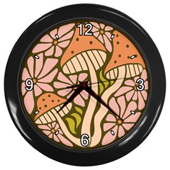 Mushrooms And Flowers Wall Clock (black) by Giving