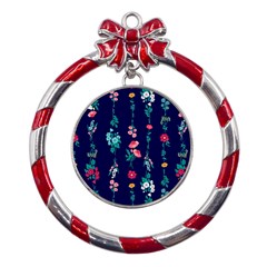 Flowers Pattern Bouquets Colorful Metal Red Ribbon Round Ornament by uniart180623