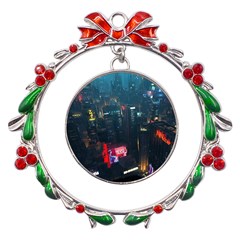 Cityscape Digital Art Metal X mas Wreath Ribbon Ornament