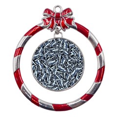 Cobalt Kaleidoscope Print Pattern Design Metal Red Ribbon Round Ornament by dflcprintsclothing