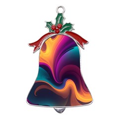 Abstract Colorful Waves Painting Metal Holly Leaf Bell Ornament