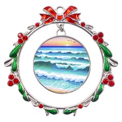 Ocean Sea Waves Beach Metal X mas Wreath Ribbon Ornament