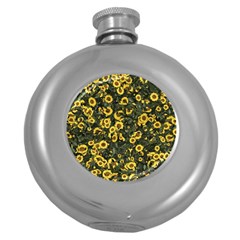 Sunflowers Yellow Flowers Flowers Digital Drawing Round Hip Flask (5 Oz)