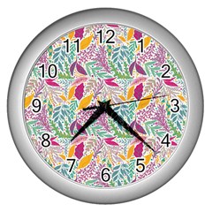 Leaves Colorful Leaves Seamless Design Leaf Wall Clock (silver)