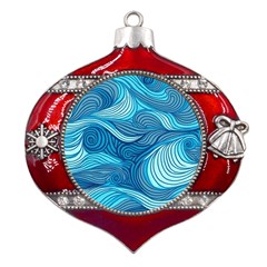 Ocean Waves Sea Abstract Pattern Water Blue Metal Snowflake And Bell Red Ornament