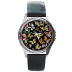 Flowers Butterfly Blooms Flowering Spring Round Metal Watch Front