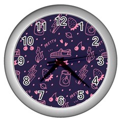 Various Cute Girly Stuff Seamless Pattern Wall Clock (silver)