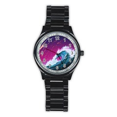 Tsunami Waves Ocean Sea Nautical Nature Water Unique Stainless Steel Round Watch by Simbadda