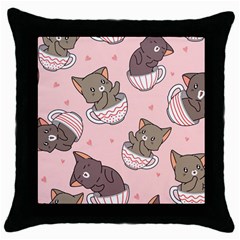 Seamless Pattern Adorable Cat Inside Cup Throw Pillow Case (black) by Simbadda